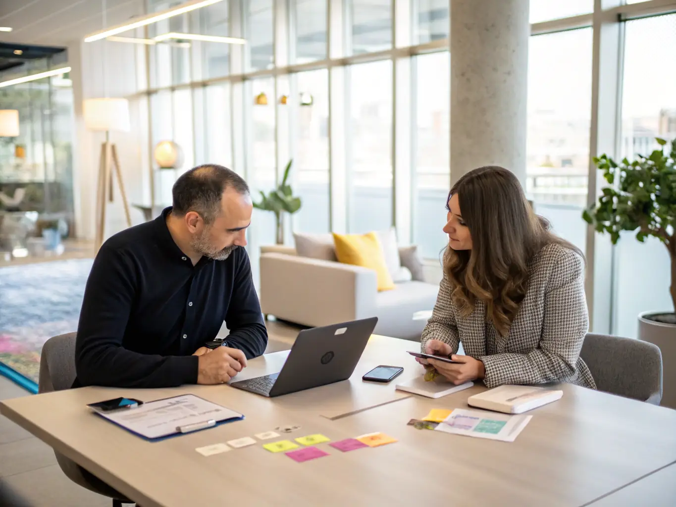 A friendly consultant discussing digital strategies with a small business owner over a laptop, illustrating Nestflow's digital support and consultation service.