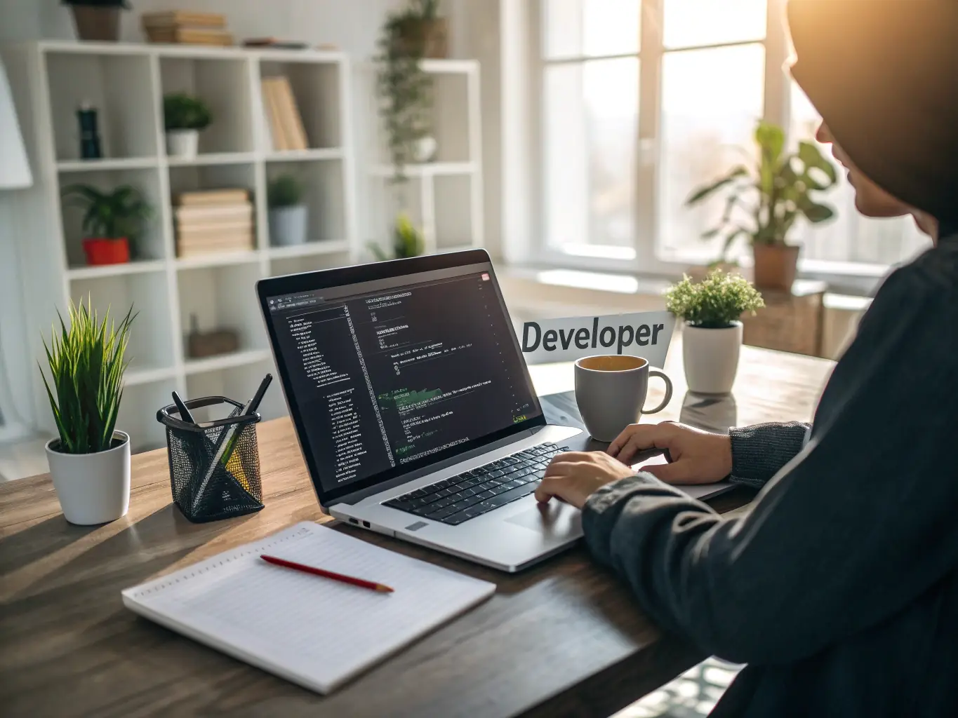 An image of a developer updating a website on a laptop with a clean, organized workspace, symbolizing Nestflow's website updates and maintenance service.