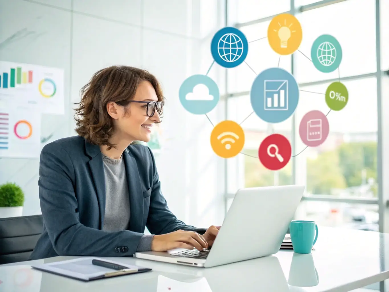 A clean, modern website design showcasing a small business owner proudly displaying their new website on a laptop, with a focus on user-friendliness and visual appeal.